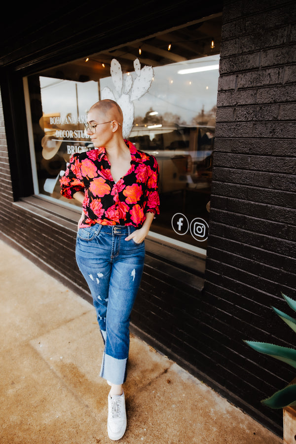 Floral Shirred Cuffs Long Sleeve Shirt